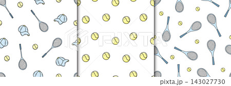 Tennis rackets and ball Set of seamless patterns . Vector illustration of sports equipment background, healthy and active lifestyle concept 143027730