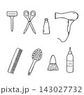 Hairdressing tool kit for beauty salon or home use. Vector illustration of doodle icons for self and hair care. Isolate on a white background. 143027732