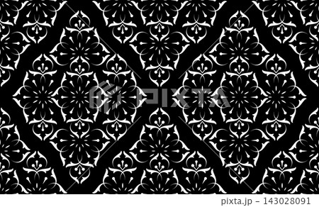 Flower geometric pattern. Seamless vector background. White and black ornament. Flower geometric pattern. Seamless vector background. White and black ornament. 143028091