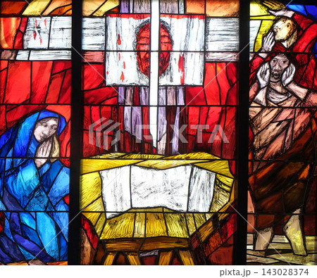 History of salvation, stained glass window by Sieger Koder in church of Saint Bartholomew in Leutershausen, Germany History of salvation, stained glass window by Sieger Koder in church of Saint Bartholomew in Leutershausen, Germany 143028374