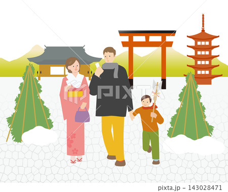 お正月に神社へ初詣する家族のイラスト 143028471