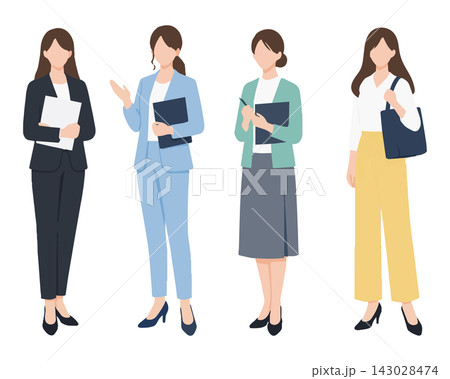 書類やバッグを持つ働く女性4人の全身ベクターイラストセット 書類やバッグを持つ働く女性4人の全身ベクターイラストセット 143028474