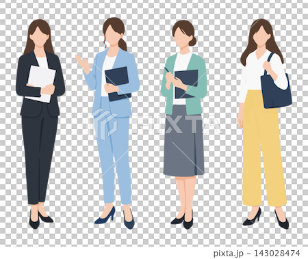 書類やバッグを持つ働く女性4人の全身ベクターイラストセット 書類やバッグを持つ働く女性4人の全身ベクターイラストセット 143028474