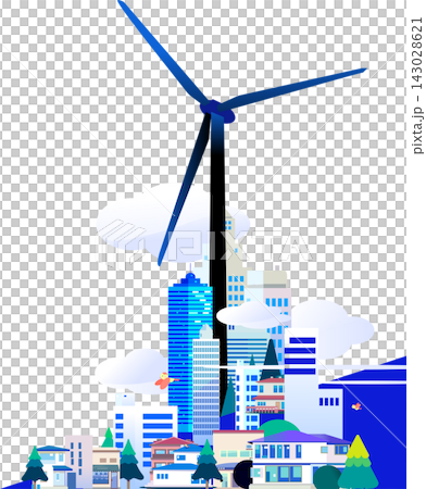 描繪風力發電和城市景觀的插圖素材,代表再生能源和智慧城市。 描繪風力發電和城市景觀的插圖素材,代表再生能源和智慧城市。 143028621