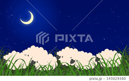 夜空にかわいい羊たちが群れているイラスト 夜空にかわいい羊たちが群れているイラスト 143029380