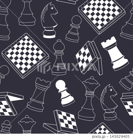Chess Board Pieces Seamless Doodle Pattern. White Line Figures King Queen Rook Bishop Knight Pawn Repeatable Texture on Black Background. Vector Illustration. Dark Strategy Game Chess Board Pieces Seamless Doodle Pattern. White Line Figures King Queen Rook Bishop Knight Pawn Repeatable Texture on Black Background. Vector Illustration. Dark Strategy Game 143029405