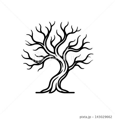 Minimalist black outline silhouette graphic representing a single leafless deciduous tree 143029662