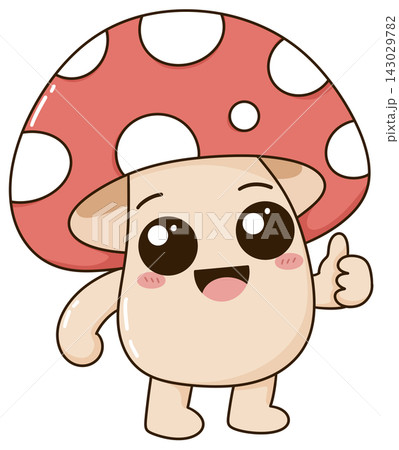 Cute mushroom character giving a thumbs up, kawaii food mascot illustration Cute mushroom character giving a thumbs up, kawaii food mascot illustration 143029782