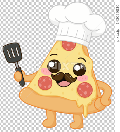 Cute pizza slice chef character with a mustache holding a spatula, kawaii food mascot illustration Cute pizza slice chef character with a mustache holding a spatula, kawaii food mascot illustration 143029830