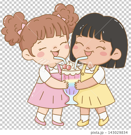 Two cute girls sharing a milkshake with straws, kawaii friendship illustration 143029834