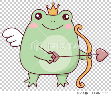 Cute frog prince cupid with a crown, wings and a heart arrow, kawaii valentine illustration 143029862