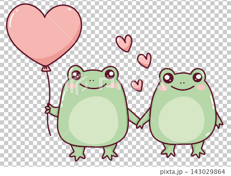 Two cute frogs holding hands with a heart balloon, kawaii frog couple illustration Two cute frogs holding hands with a heart balloon, kawaii frog couple illustration 143029864