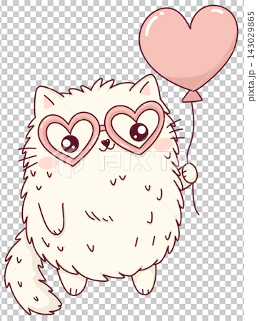 Cute fluffy white cat wearing heart glasses and holding a heart balloon, kawaii cat illustration Cute fluffy white cat wearing heart glasses and holding a heart balloon, kawaii cat illustration 143029865