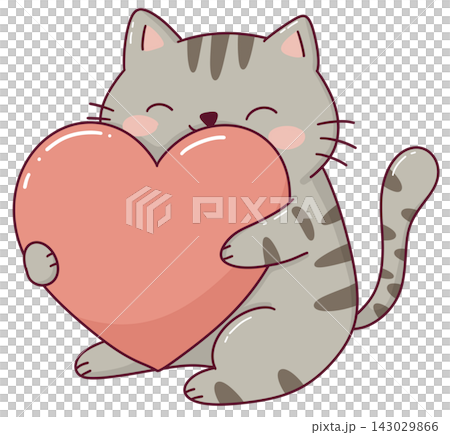 Cute grey tabby cat hugging a big heart, kawaii valentine cat illustration Cute grey tabby cat hugging a big heart, kawaii valentine cat illustration 143029866