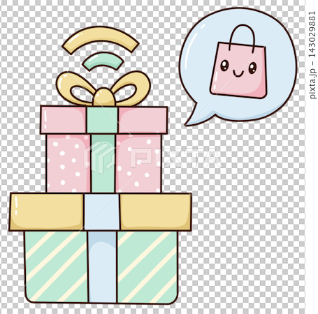 Cute stacked gift boxes with a shopping bag speech bubble, gift and shopping illustration Cute stacked gift boxes with a shopping bag speech bubble, gift and shopping illustration 143029881