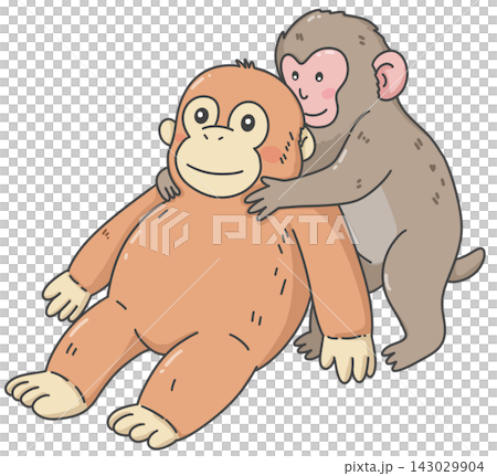 Two cute monkeys hugging, adorable wildlife friendship illustration Two cute monkeys hugging, adorable wildlife friendship illustration 143029904