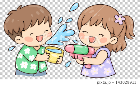 Children playing with water guns and bowl, Songkran festival celebration illustration 143029913