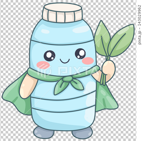 Cute water bottle superhero character with cape holding plant seedling, eco-friendly illustration Cute water bottle superhero character with cape holding plant seedling, eco-friendly illustration 143029962