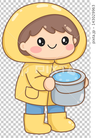 Boy in yellow raincoat carrying bucket of water, cute cartoon character illustration Boy in yellow raincoat carrying bucket of water, cute cartoon character illustration 143029963