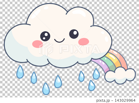 Cute smiling cloud with raindrops and rainbow, weather illustration Cute smiling cloud with raindrops and rainbow, weather illustration 143029964