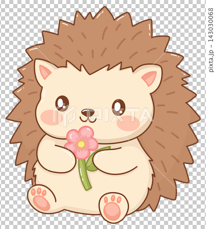 Cute baby hedgehog holding pink flower, adorable spiky animal illustration 143030068