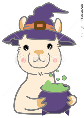Cute Halloween Witch Alpaca Holding Potion Cauldron Cute Halloween Witch Alpaca Holding Potion Cauldron 143030280