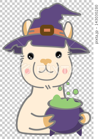 Cute Halloween Witch Alpaca Holding Potion Cauldron Cute Halloween Witch Alpaca Holding Potion Cauldron 143030280