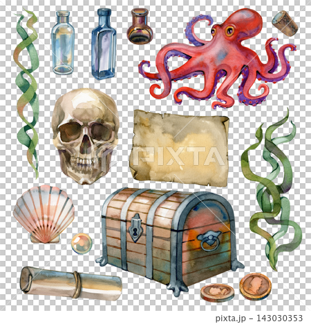 Watercolor sea adventure set with octopus skull treasure chest shell and scrolls Watercolor sea adventure set with octopus skull treasure chest shell and scrolls 143030353