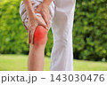Close up of person pulling up pants touching bare knee with red highlighted area indicating severe joint pain, arthritis, muscle ache or sports injury. Healthcare, physical therapy medical concept. 143030476