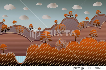 Stylized Autumn Mountain Landscape with Bonsai Trees and Waterfall Stylized Autumn Mountain Landscape with Bonsai Trees and Waterfall 143030615