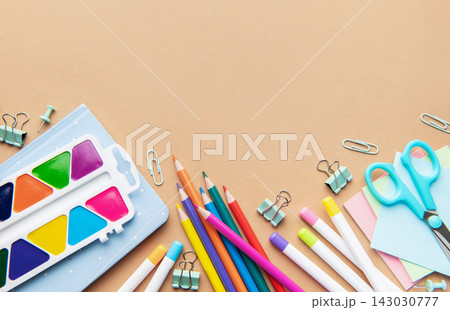 School supplies and art tools creating colorful education concept School supplies and art tools creating colorful education concept 143030777