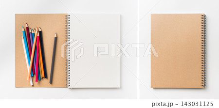Top view set of kraft notebook with pen closed and open isolated on white background with copy space 143031125