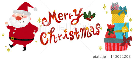 目をつぶったサンタクロースとクリスマスプレゼントとクリスマスのロゴ 143031208