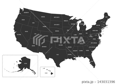 United States of America political map of administrative divisions - states and federal district Washington, D.C. Flat dark grey map on white background with province name labels 143031396