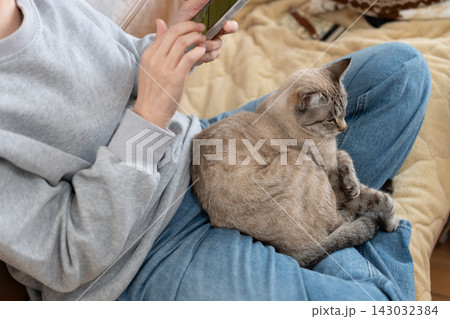 飼い主の膝の上で眠る猫 143032384