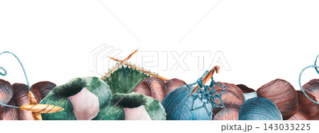 Seamless border of yarn balls, wooden needles, crochet tool and knitted fabric hand drawn watercolor art. Craft Design element for page borders, footers, frames, scrapbooking and art ideas. 143033225