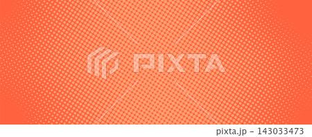 Abstract halftone texture with dotted pattern. Orange gradient overlay with noise transition effect. Horizontal wallpaper with point print, duotone dissolve perforated gradation. Vector illustration. 143033473