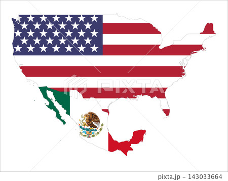 Flag map outline shape of North American Countries - United States and Mexico. Flags of countries fill the shapes with their colors. Symbol of regional cooperation, identity and partnership Flag map outline shape of North American Countries - United States and Mexico. Flags of countries fill the shapes with their colors. Symbol of regional cooperation, identity and partnership 143033664