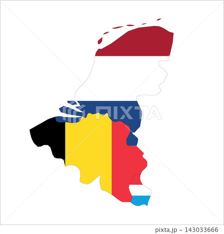 Flag map outline shape of Benelux - Netherlands, Belgium, and Luxembourg. Flags of countries fill the shapes with their colors. Symbol of regional cooperation, identity and partnership Flag map outline shape of Benelux - Netherlands, Belgium, and Luxembourg. Flags of countries fill the shapes with their colors. Symbol of regional cooperation, identity and partnership 143033666