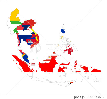 Flag mosaic map of Southeast Asia. Each country filled by official national flag. Colorful political map illustration showing states isolated on a white background. Flag mosaic map of Southeast Asia. Each country filled by official national flag. Colorful political map illustration showing states isolated on a white background. 143033667