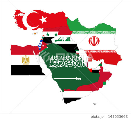 Flag mosaic map of Middle East. Each country filled by official national flag. Colorful political map illustration showing states isolated on a white background. 143033668