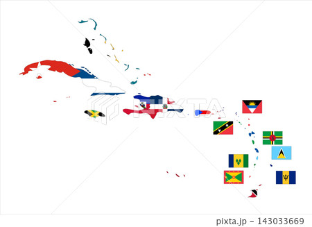 Flag mosaic map of Caribbean. Each country filled by official national flag. Colorful political map illustration showing states isolated on a white background. Flag mosaic map of Caribbean. Each country filled by official national flag. Colorful political map illustration showing states isolated on a white background. 143033669