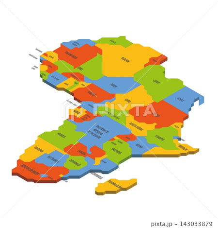 Isometric political map of Africa. Colorful land with country name labels on white background. 3D vector illustration Isometric political map of Africa. Colorful land with country name labels on white background. 3D vector illustration 143033879