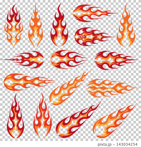 The image shows a collection of stylized vector stickers featuring flames and hot-rod style fire graphics The image shows a collection of stylized vector stickers featuring flames and hot-rod style fire graphics 143034254