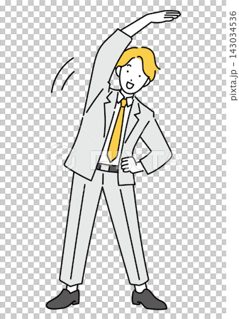 一幅插圖,描繪了一位身穿西裝的年輕男子在進行無線電體操表演。 一幅插圖,描繪了一位身穿西裝的年輕男子在進行無線電體操表演。 143034536