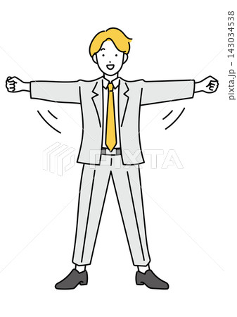 ラジオ体操をするスーツ姿の若い男性のイラスト ラジオ体操をするスーツ姿の若い男性のイラスト 143034538
