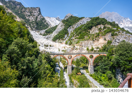 Ponti di Vara are old bridge remnants from the Ferrovia Marmifera. The site shows the landscape of Carrara Marble Quarries with greenery and rocky hills surrounding it. Ponti di Vara are old bridge remnants from the Ferrovia Marmifera. The site shows the landscape of Carrara Marble Quarries with greenery and rocky hills surrounding it. 143034676