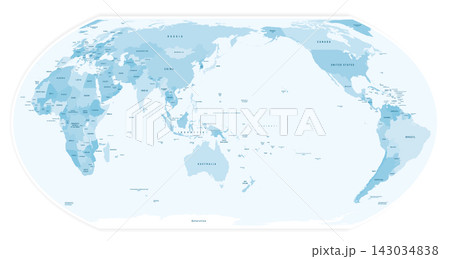 Map of World in new Equal Earth projection. High-quality political map. Editable vector illustration with layers and country names. Oceania centered map. Blue colored design. 143034838