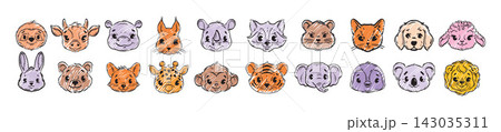 Cute animal face, cartoon kids wildlife character head set, doodle childish baby zoo jungle print. Cute animal face, cartoon kids wildlife character head set, doodle childish baby zoo jungle print. 143035311