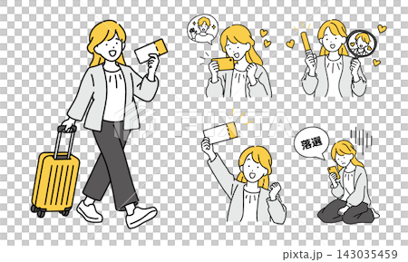 一組描繪年輕女性參與扇子活動的插圖。 一組描繪年輕女性參與扇子活動的插圖。 143035459